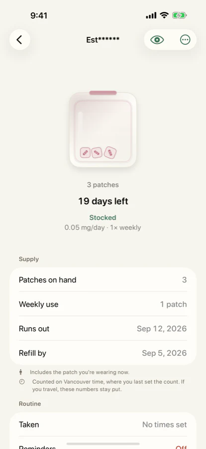 Medication detail with a form-specific supply case and projected refill date